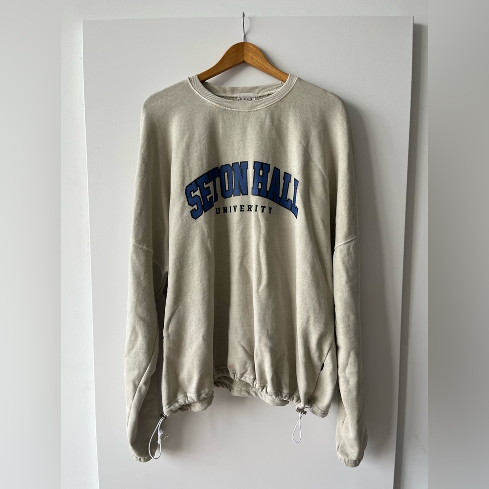 Seton Hall University Varsity Letter Cream Crewneck Drawstring Sweater